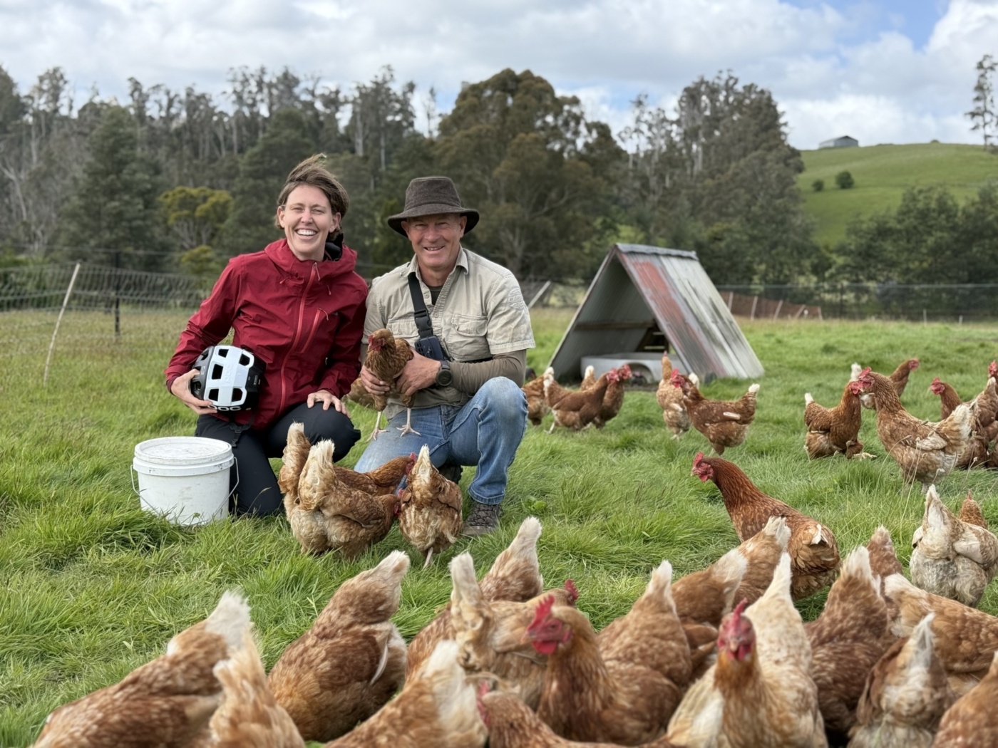Tara (Co-Director Blue Derby Pods Ride ) and Rupert from Karollalla Farm with there well fed chooks!