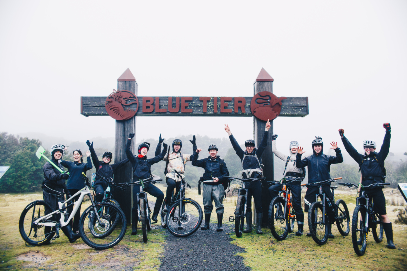 Pods Team at the top of the Blue Tier... shovels strapped to bikes ready to ride!